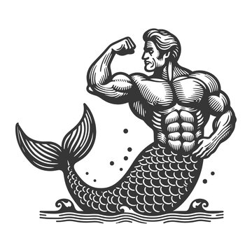 Strongman muscular merman athlete with muscular merman flexing his biceps sketch engraving generative ai fictional character raster illustration. Scratch board imitation. Black and white image.