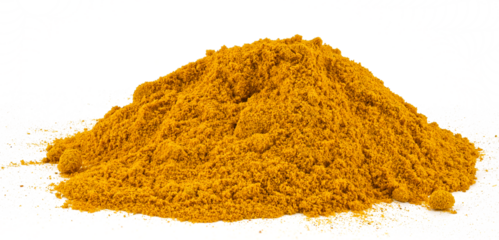 Pile of ground turmeric (spices curcuma) isolated on a transparent background. Completely in focus.