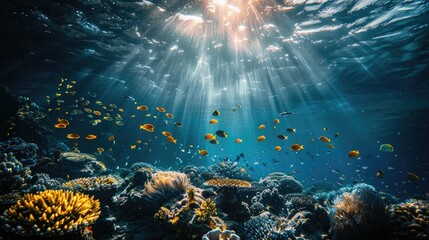"Underwater world with tropical fish. Marine life landscape. Sunbeams under water. Aquatic wildlife. Design for poster, wallpaper, or aquarium background."