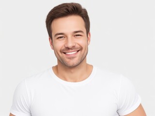 Obraz premium Portrait of a handsome man with a bright smile wearing a plain white t-shirt