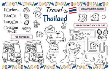 A fun placemat for kids. Printable the “Travel to Thailand” activity sheet with a labyrinth, find the differences and find the same ones. 17x11 inch printable vector file