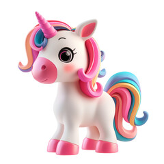 Fototapeta premium Happy cheerful girl unicorn horse cartoon character in 3d design style and colorful rainbow mane hair standing side view. Cute fairytale fantasy animal concept