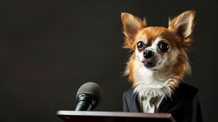 Chihuahua dictator in a suit giving a speech. The concept of politics and dictatorship.