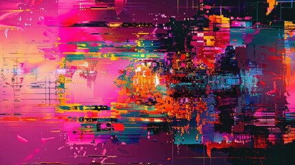 Cyberpunk glitch art composition. Neon digital decay with abstract pixelated patterns. Futuristic urban concept for creative wallpaper and graphic design