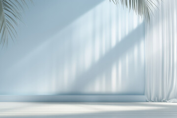 White curtain hangs in front of blue wall