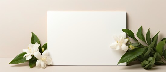 Fototapeta premium A white canvas featuring an arrangement of white flowers, green leaves, and twigs on a beige background, creating a serene still life photography composition
