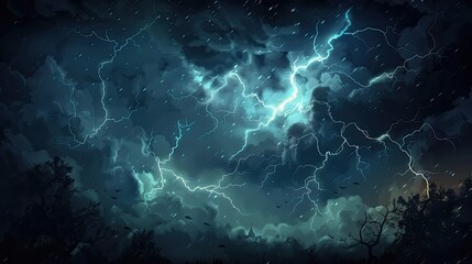 Majestic thunderstorm with powerful lightning strikes over a nocturnal landscape. Atmospheric phenomenon for weather illustration and spooky scene backdrop