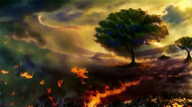 A surreal landscape depicts two contrasting trees, one engulfed in flames, the other in lush greenery, against a dramatic sky.