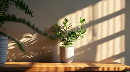 A potted plant sits on a wooden table, casting a shadow on the wall