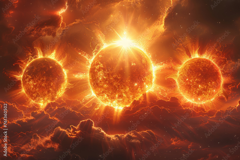 Wall mural a celestial triad of suns radiating vibrant energy, portraying the dynamic synergy within the mystic
