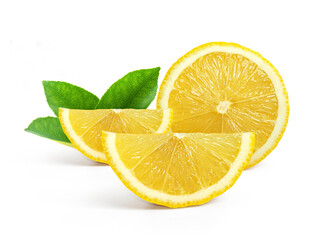 Ripe slice lemon with leaves, transparent background