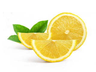 Ripe slice lemon with leaves, transparent background