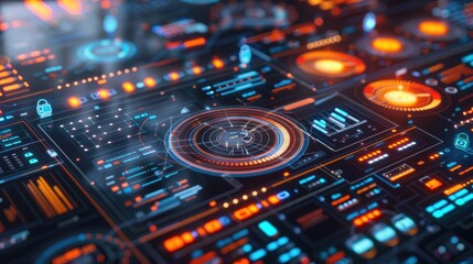 "Advanced futuristic interface. High-tech control panel with glowing elements. Technology and innovation concept. Design for sci-fi dashboard, game UI, or interactive display background."