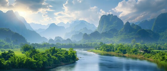 Fototapeta premium Sunlight breaks over verdant mountains, casting a golden glow on a meandering river, capturing the untouched splendor of the natural world.