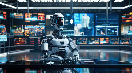 An intricate depiction of a humanoid robot sitting alert at a futuristic control desk amidst screens and data charts - obrazy, fototapety, plakaty