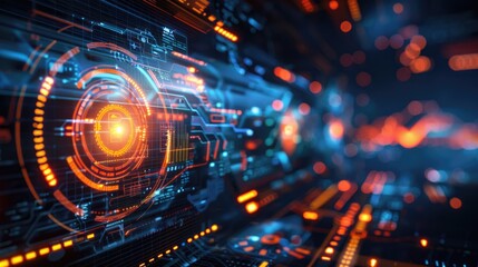 "Futuristic network interface with digital data streams. Dynamic tech grid with glowing lines. Cybersecurity and complex systems concept. Design for data analysis, blockchain, or tech background."