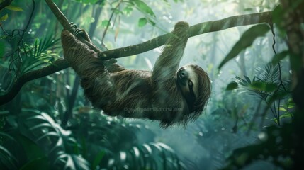 Dreamy Sloth Hanging in Misty Rainforest Stock Photo