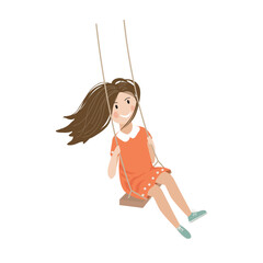 Swinging kid. Happy smiling girl with flying in the wind hair on a swing. Vector isolated cartoon illustration.