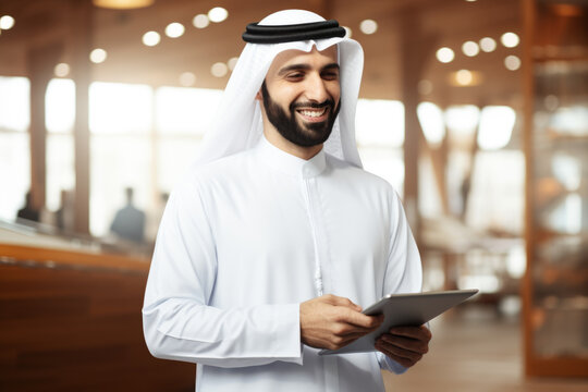 Smiling man wearing white robe and turban holding tablet