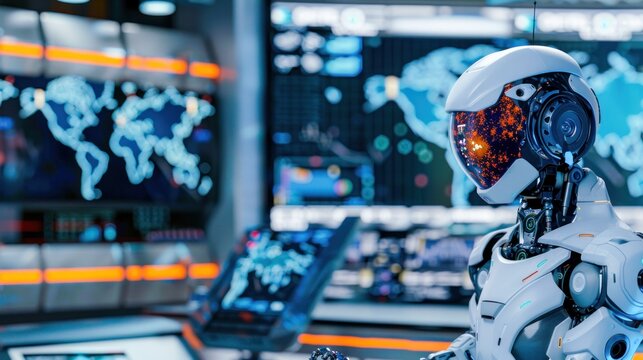 A high-tech AI robot interacts with a futuristic interface displaying complex coronavirus data on a global scale