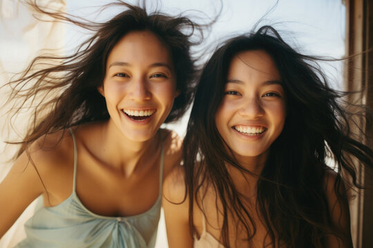 Two women with long hair are smiling and posing for picture