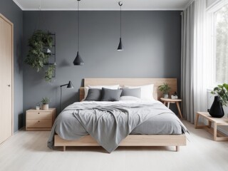 Fototapeta na wymiar Minimalist Neutral Color Tones Bedroom Interior Design with Serene Ambiance