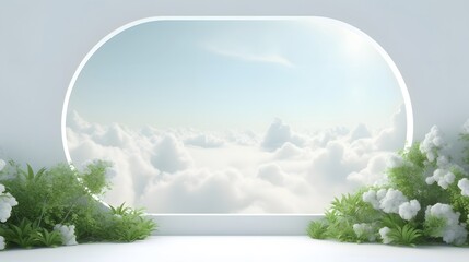 Fototapeta premium White Room With Round Window and White Flowers