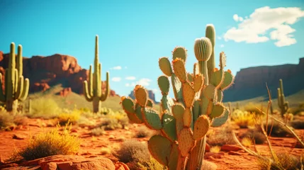 Papier Peint photo Turquoise Close-up of different cacti against a desert background. Sweltering heat. Desert landscape. Generative AI