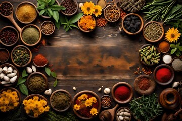 spices and herbs on the table, Immerse yourself in the rich heritage of traditional medicine with an AI-generated image featuring a diverse array of natural herbal medicines displayed on a rustic wood