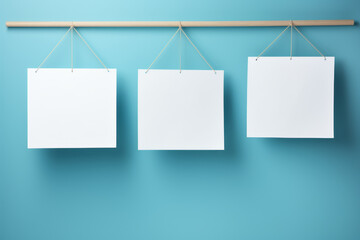 Three white papers hanging from blue wall