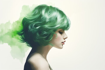 Woman with green hair is shown with green background