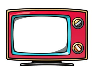 A cartoonish red and blue television with a white background. Scene is playful and whimsical
