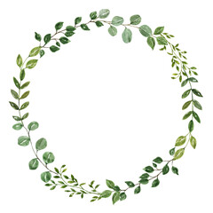 Floral wreath, watercolor botanical illustration. Round frame made of green leaves, forest foliage, and plants. PNG clipart. - 761361997