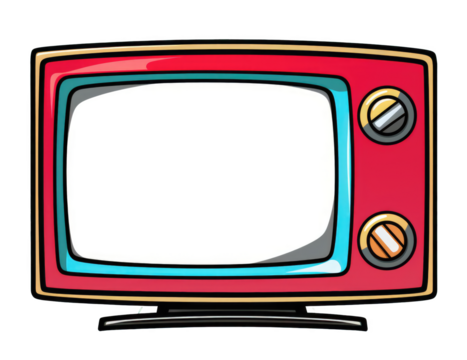 A cartoonish red and blue television with a white background. Scene is playful and whimsical