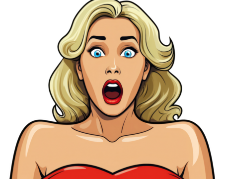 A cartoonish woman with blonde hair and red lipstick is looking shocked. The image has a fun and playful mood, with the woman's exaggerated facial expression and bright colors