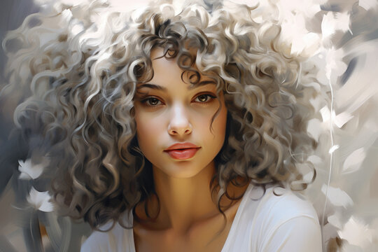Woman with curly hair is painted in portrait