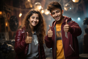 Fototapeta premium Man and woman are smiling and giving thumbs up to camera