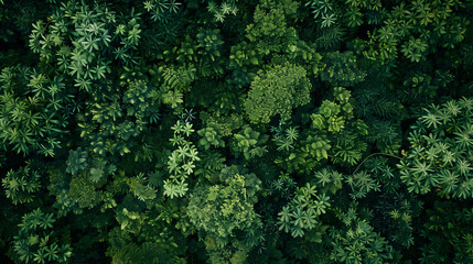 Aerial view of a dense green forest canopy, ideal for nature themes. - obrazy, fototapety, plakaty