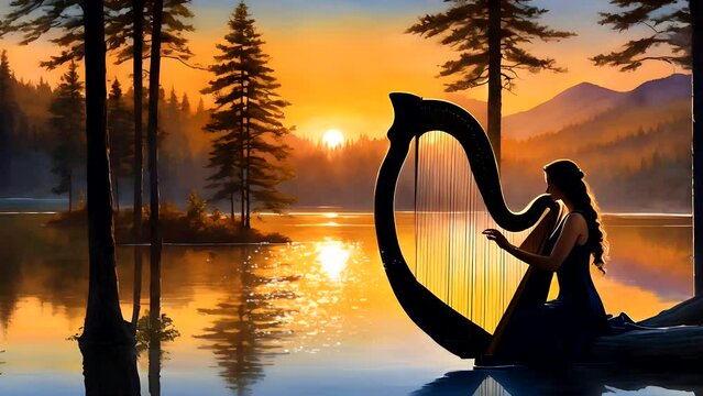 Woman in the lake playing harp at sunset. Seamless looping time-lapse 4k video animation background