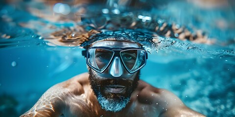 Naklejka premium Underwater snorkeler with mask enjoying marine life in blue tropical ocean. Concept Underwater Photography, Snorkeling Adventure, Marine Life Exploration, Tropical Ocean Beauty, Blue Water Serenity