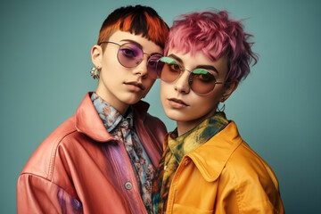 Lesbian couple portrait in LGBTQ rainbow flag colors. Pride Month concept.