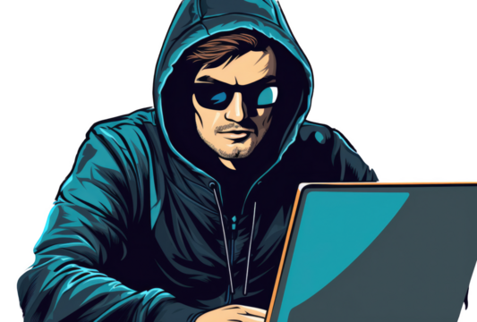 A man wearing a hoodie and sunglasses is sitting in front of a laptop. He is typing something, possibly a message or an email. Concept of privacy and secrecy