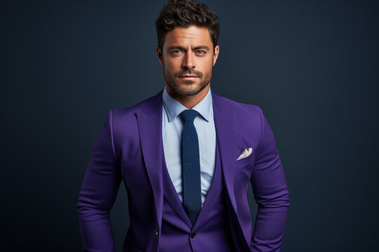 Man in purple suit and blue tie poses for photo