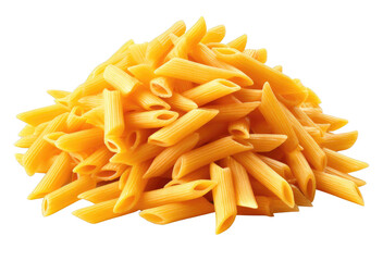 A pile of yellow pasta with a white background. The pasta is piled high and looks like it's ready to be eaten