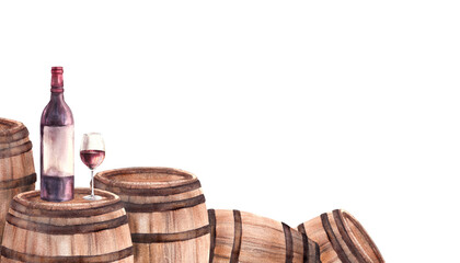 A group of wooden old barrels with bottles and glasses of red wine. Watercolour hand draw food illustration isolated white background Wine making template for banner, card, drink menu, wine list print