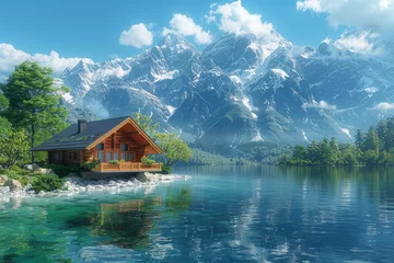 Foto auf Acrylglas Antireflex A cozy cabin perched on the edge of a crystal-clear lake, offering panoramic views of the surrounding mountains. Concept of a lakeside retreat in spring. Generative Ai. © Sebastian