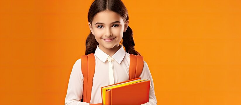A happy little girl in school uniform with a bow tie and jewellery is smiling while holding a book. She is wearing a sleeve and an orange backpack, ready for a fun school event