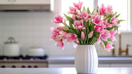 Pink Tulip Bouquet in White Vase Sitting in the kitchen room. Ample Copy Space for Banner or Poster
