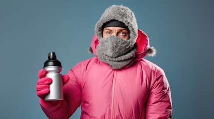 A Man Wearing Winter Clothes With a Bottle. Fictional character created by Generated AI. 