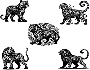 tiger and lion silhouette set - pack of 4 tiger 1 lion